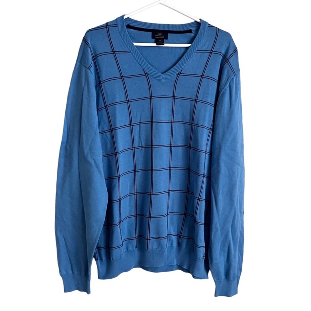Brooks Brothers Mens V-Neck Cotton Sweater Blue Windowpane Preppy Tennis Golf XL